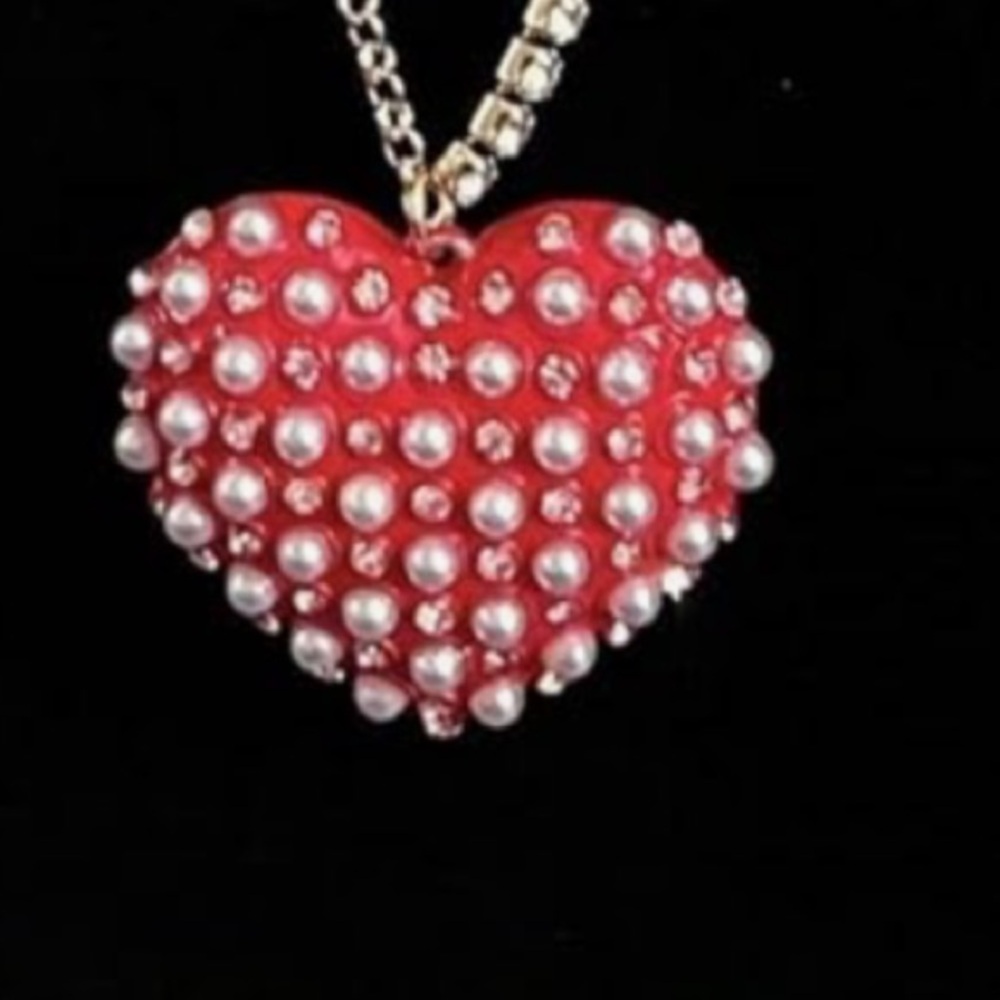 Betsey Johnson XOXO Pearly Red Heart Long Crystal Gold Tone Necklace